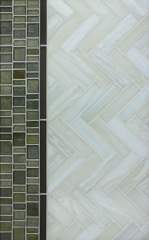 Shibui 1 x 4 Herringbone Bleached White Natural • Tomei Flat Bar Donnington Green Silk • Haisen Barcode Argent Natural