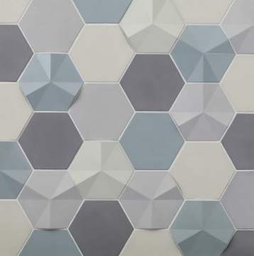 Random blend of 4” Hex and Fanfare Hex in multiple colors • Colors shown: Grey Matter, Soho, Urban Mist