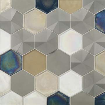 Random mix of Fanfare Hex, 4” Hex and Old Fashioned glass in multiple colors • Colors shown: Stoneware with Crystal, Cottage Blue, Latte